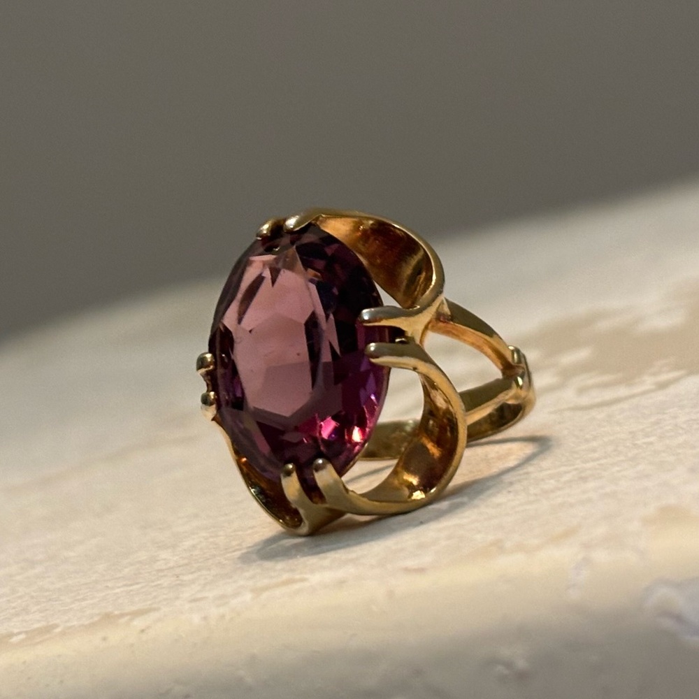 Vintage 18 KT HGE Gold Plated Amethyst Crystal Cocktail Statement Ring